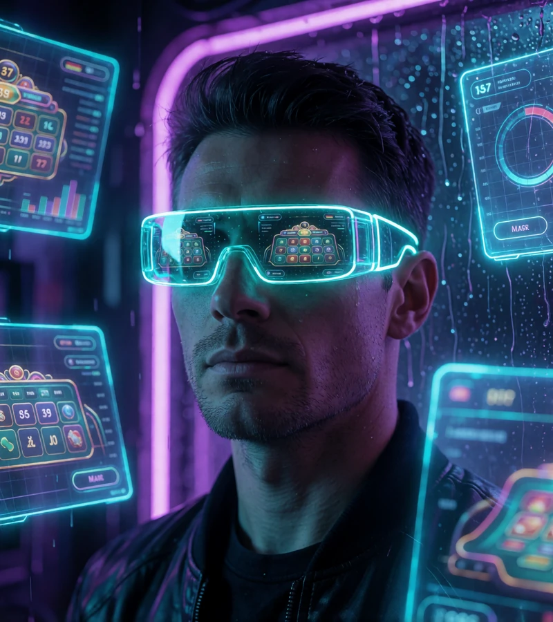 Spieler mit neon-cyanfarbenen VR-Brillen vor holografischen Spieloberfl&auml;chen &mdash; Provably Fair Spiele bei Rainbet