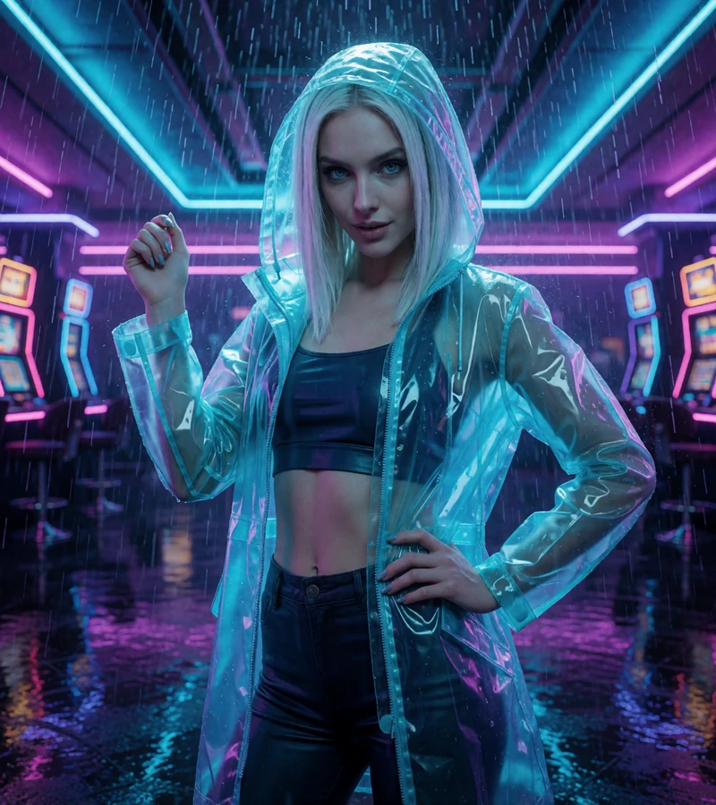 Modell in einer Cyberpunk-Casino-Lobby mit Neon-Reflexionen und Regen &mdash; Rainbet Krypto Casino