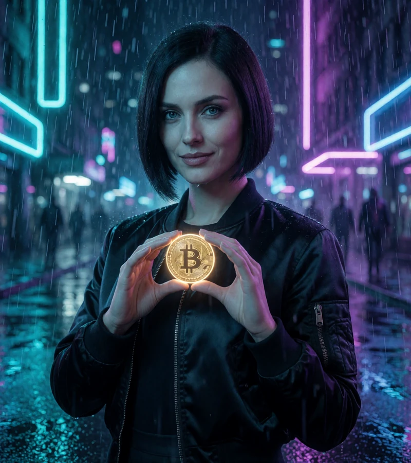 Junge Frau h&auml;lt einen leuchtenden holografischen Bitcoin im Neon-Regen &mdash; Krypto Einzahlung bei Rainbet